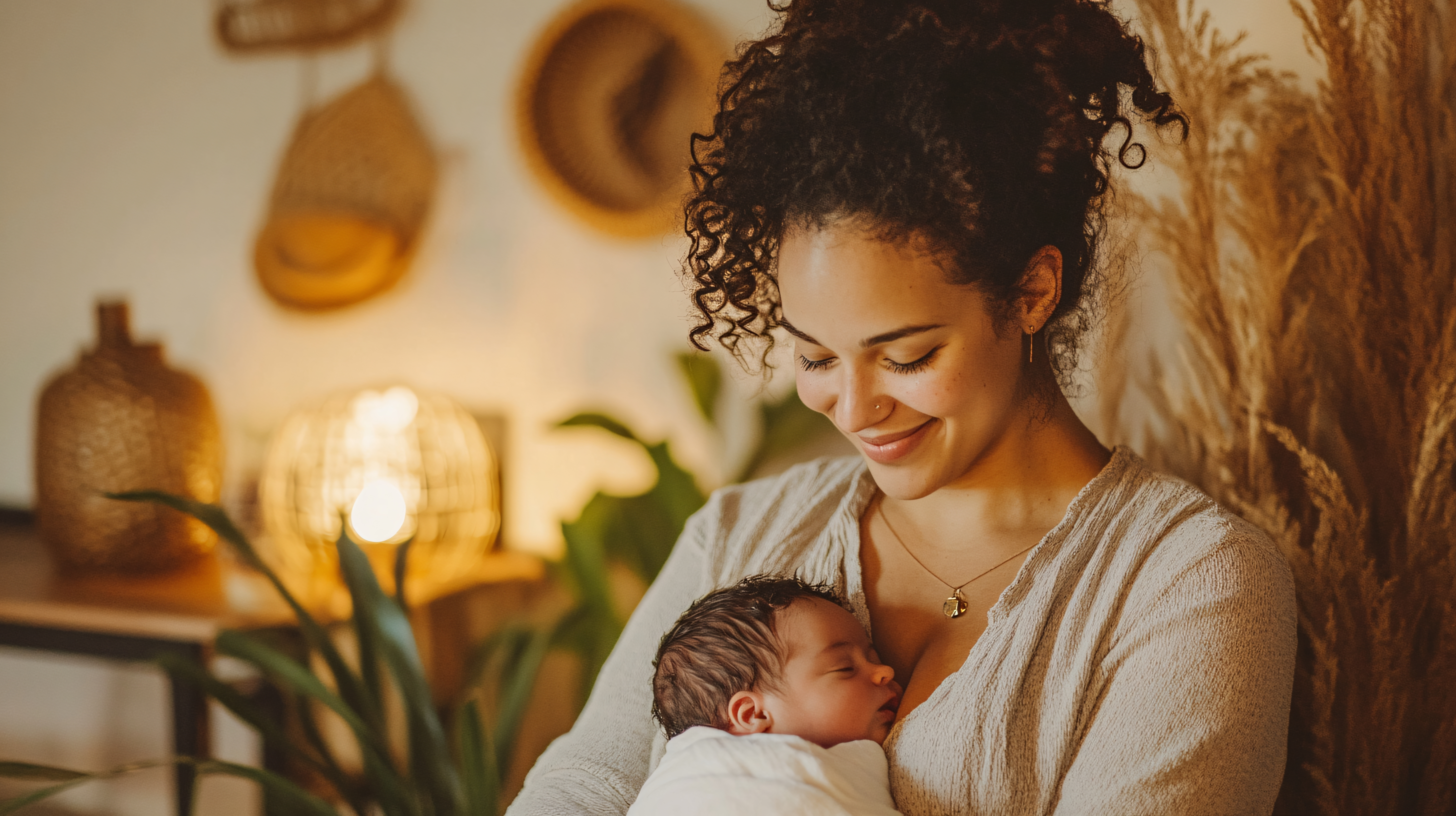 A doula holding a newborn in a softly lit, calm space